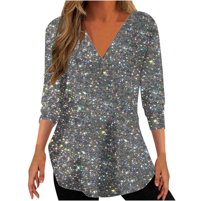 Penkiiy Hauts à Manches 3/4 pour Femmes Imprimé Brillant Quart Zip Col en V Manches Roulables Pull Automne TG Gris Foncé