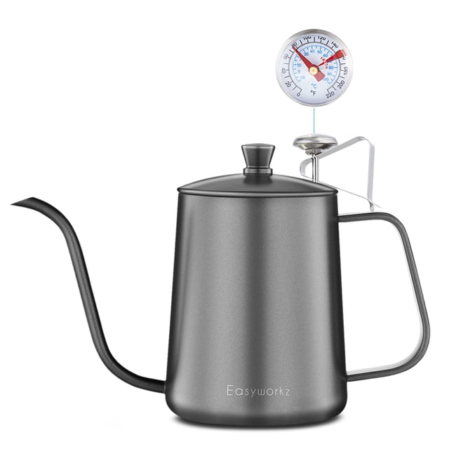 Easyworkz Gage Gooseneck Pour Over Coffee Kettle, 20 oz, black stainless steel with a built-in thermometer on the lid. Designed for precise coffee brewing, it features a long narrow spout for controlled water flow and an ergonomic handle for safe grip. Compact and portable, ideal for tea or coffee preparation at home or outdoors.