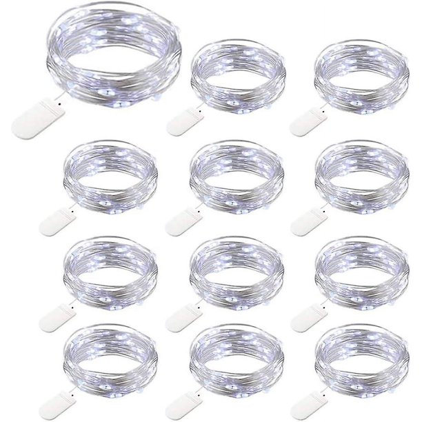 12 paquetes de luces de cadena con pilas YONGSHENG 20 LED 2 m Alambre de cobre impermeable IP65 Luz de atmósfera blanca fría