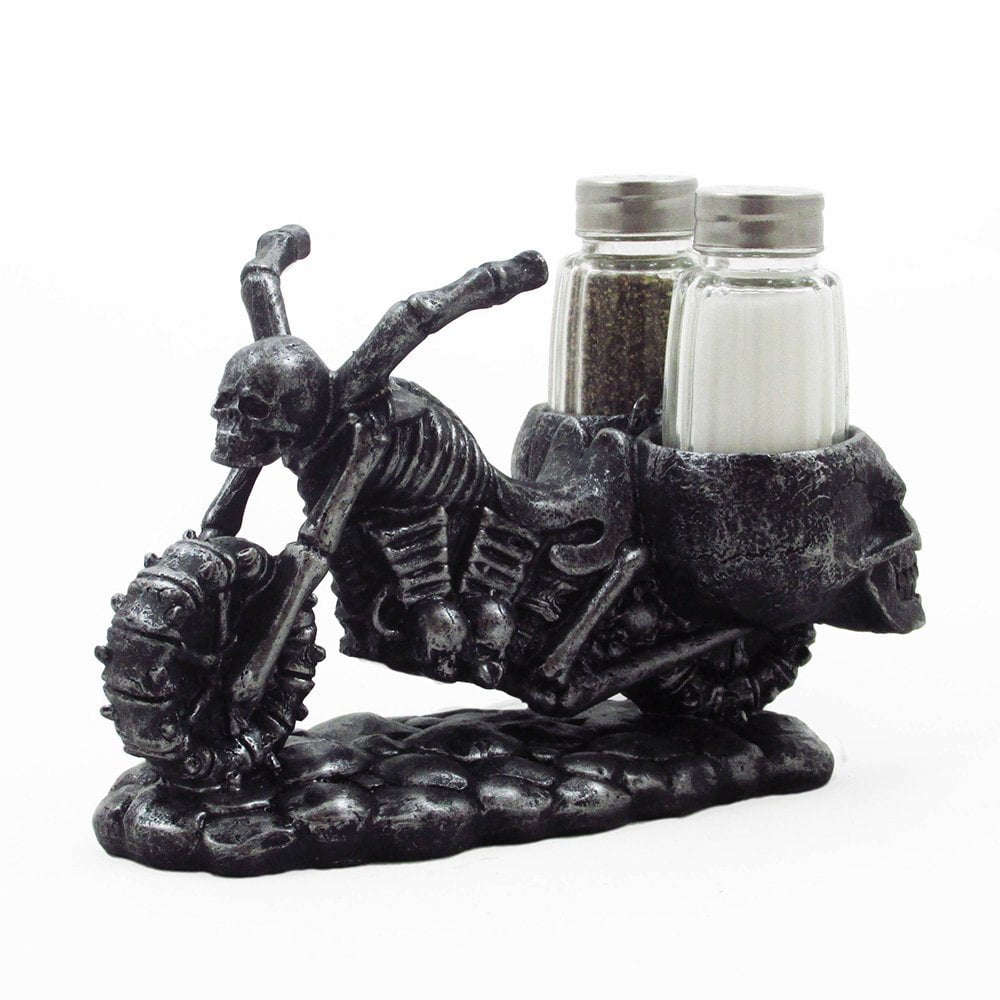 Skeleton Motorcycle Salt and Pepper Shaker Set with Skull Saddlebags as