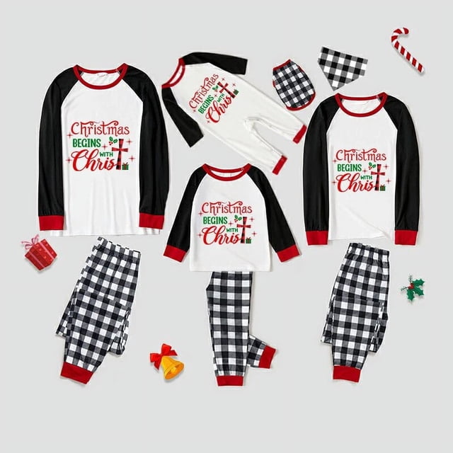 Pijamas familiares a juego de Navidad, juego de pijamas de Navidad, comienza con Cristo, gris