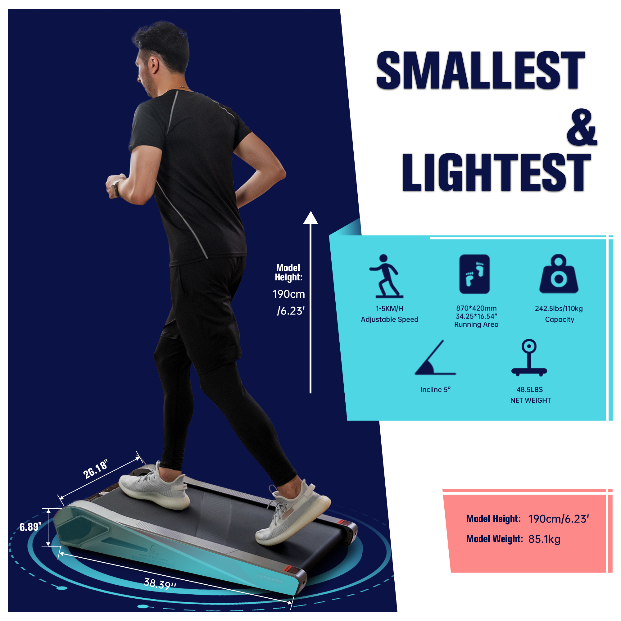 Egofit Walker Pro Smallest Under Desk Electric Walking Treadmill for Home 2.0HP 5 Incline - image 2 of 10