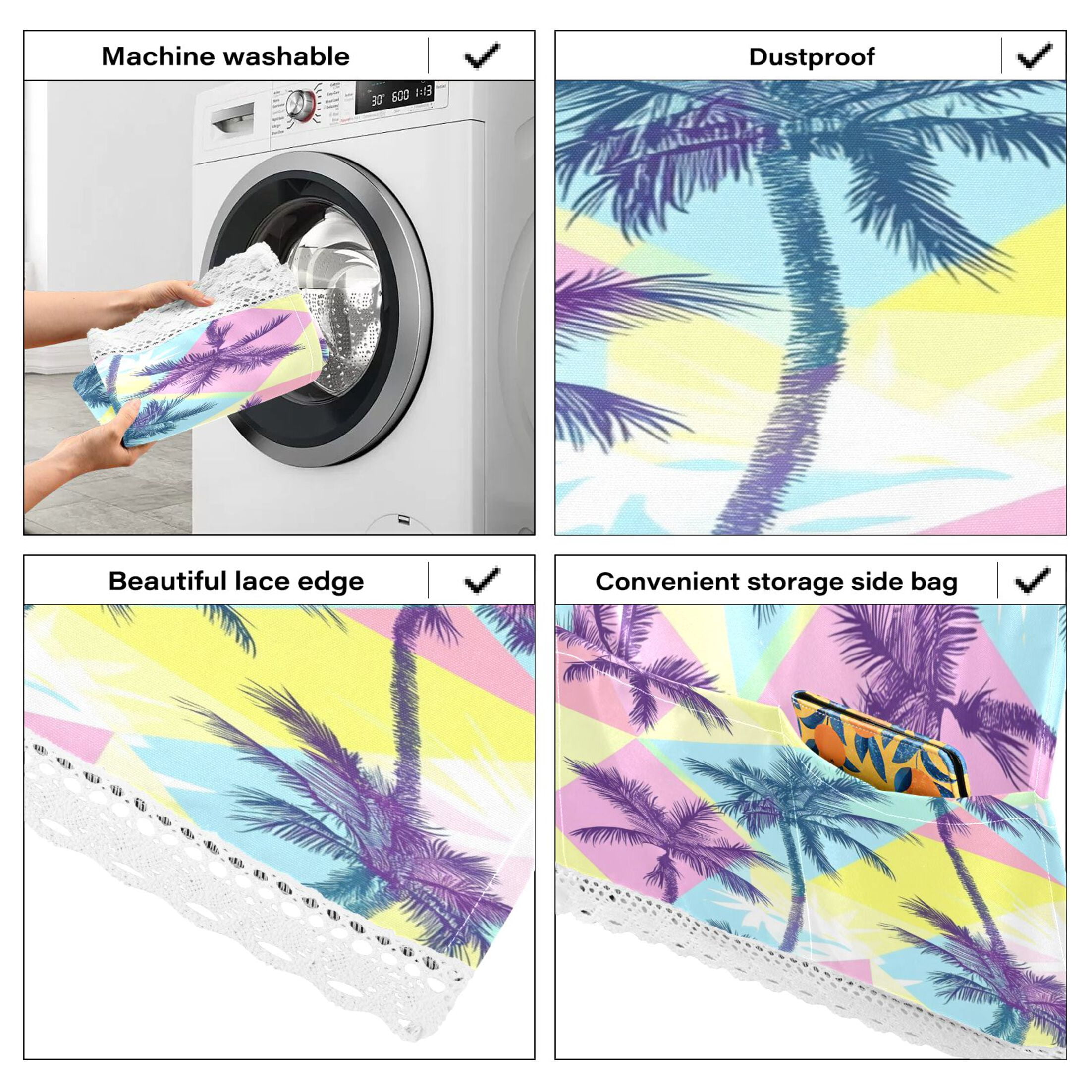 Washing Machine Cover 51.2x22in, Durable Polyester Dust Cover with Lace Trim and Side Pocket for Appliances Palm Tree Silhouettes
