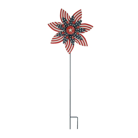 Stars & Stripes Red White Blue Metal Kinetic Wind Spinner Patriotic Garden Stake  - American Flag Themed Outdoor Flowerbed, Yard and Lawn DÃ©cor 39 Inches High