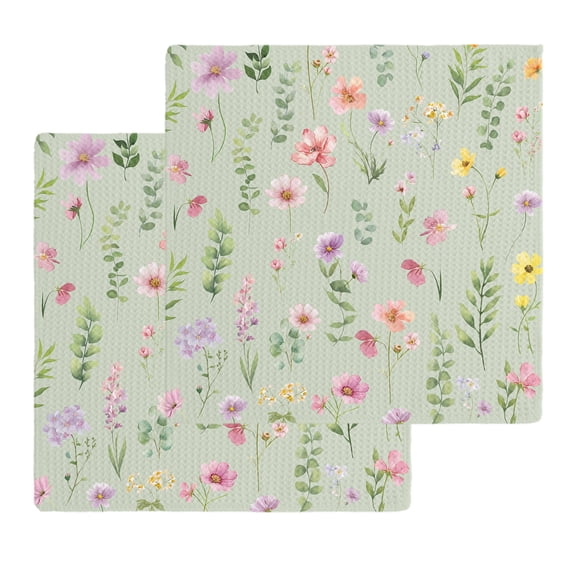 Pink Spring Floral Kitchen Dish Towels for Drying Dishes Set of 2, Farmhouse Flowers Sage Green Leaves Waffle Weave Microfiber Hand Tea Bathroom Towels Quick Dry & Absorbent Towel 12x12