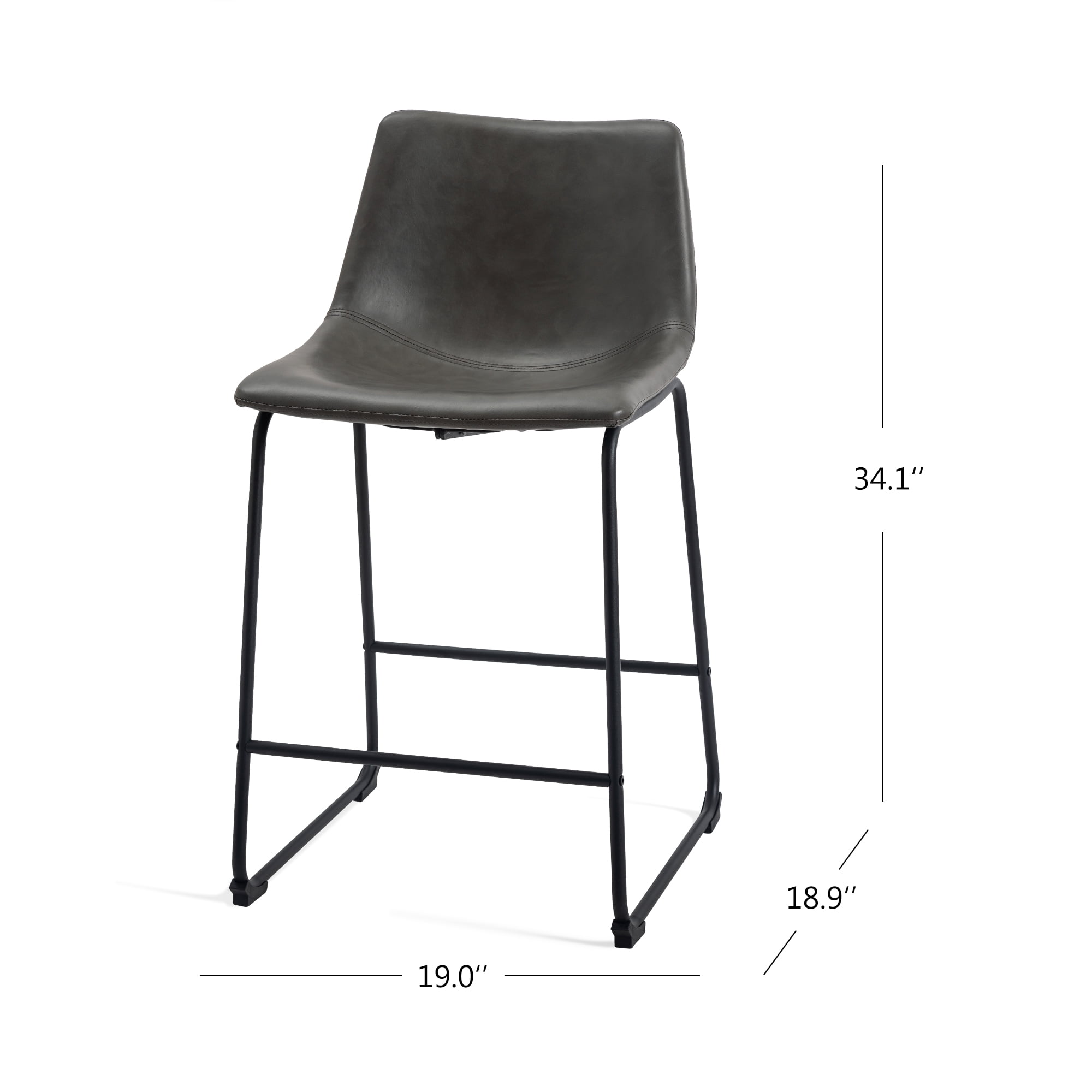 Set of 2 Fabric Bar Stools Low Back Counter Height Bar Stool with Leather Pub Chairs Height 34" Grey