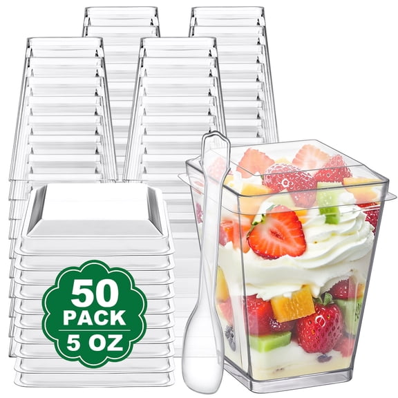 BagDream 50 Pack 5 oz Plastic Dessert Cups with Lids and Spoons, Yogurt Parfait Appetizer Cups Mini Dessert Shooter Cups for Pudding, Fruit and Ice Cream