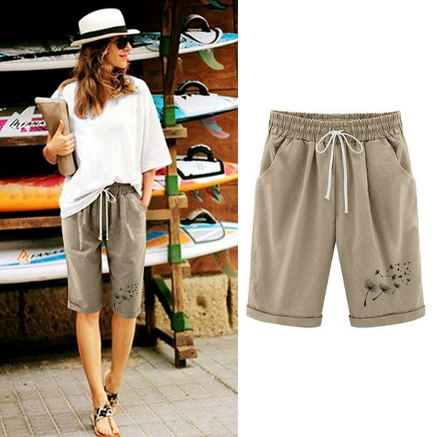 Puntoco pantalones cortos de verano para mujer pantalones cortos estampados ajustados de cintura alta con bolsillo, pantalones cortos deportivos elásticos, pantalones cortos Características