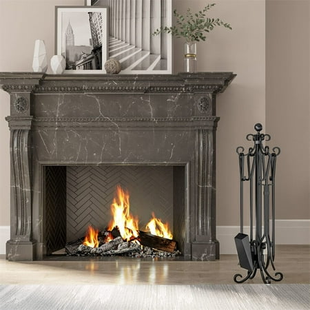 

5-Piece Black Fireplace Stove Tool Set with Stand Holder for Home