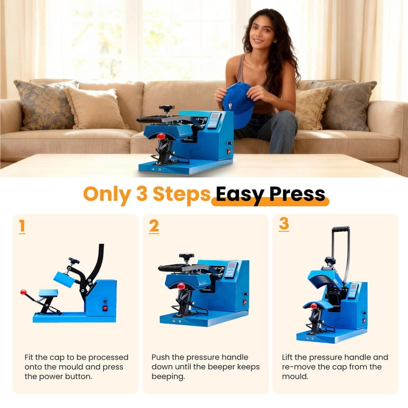 Gianna Hat Press Machine, Professional Hat Heat Press for Caps, 3.2"x5.5" PTFE-Coated Plate, LCD Display, 570°F Max Temp, Memory Mode