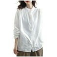 thumbnail image 3 of YUEHUA Women's Linen Blend Ruffle Trim Button Up Shirt, High Neck Long Sleeve Loose Fit Blouse, Vintage Style Casual Top, 3 of 6