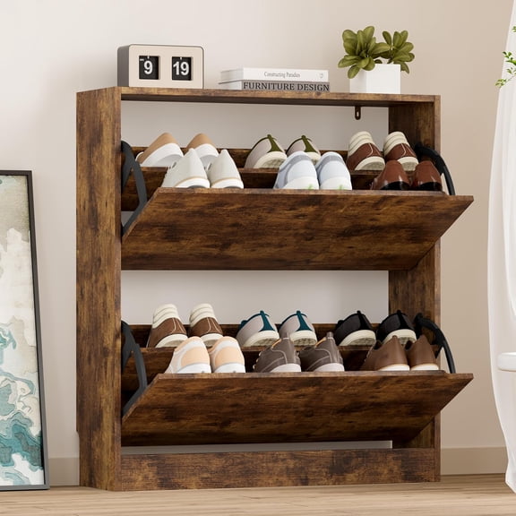 FANRAL Shoe Storage Cabinet with 2 Flip drawers,Narrow Shoe Storage for Entrance Hall,Freestanding Shoe Organizer Cabinet,Brown Shoe Rack