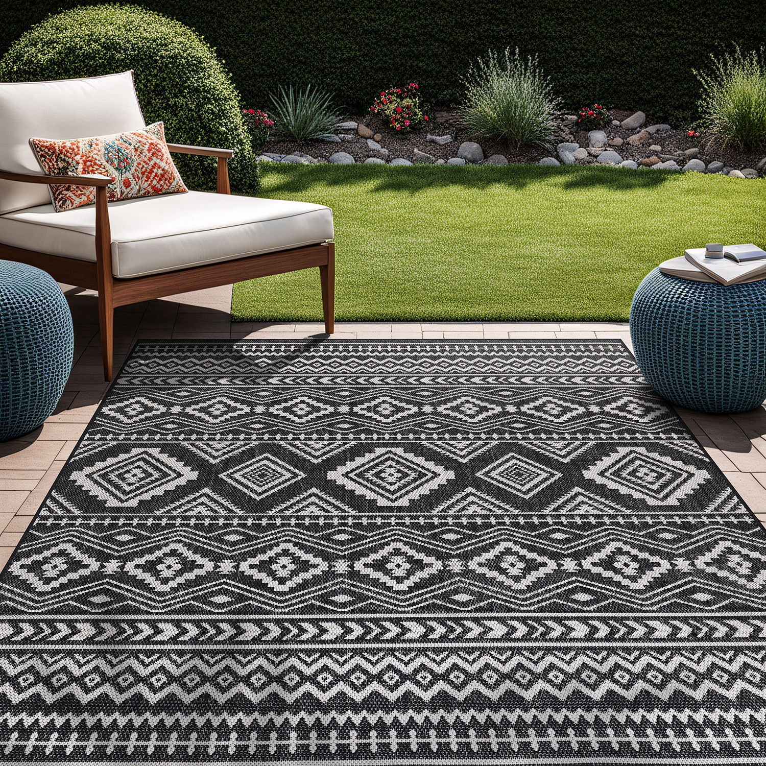 Beverly Rug Outdoor Area Rugs, Waterproof Patio Porch Garden Carpet, Black and White, 10'x14'