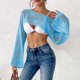 thumbnail image 1 of TaTaai Women's Fashion Casual Solid Color Round Neck Long Sleeve Cropped Cover Up Ladies Summer Lightweight Soft Polyester Blouse Top for Daily Beach Party Vacation All Season Wear Gift, 1 of 5