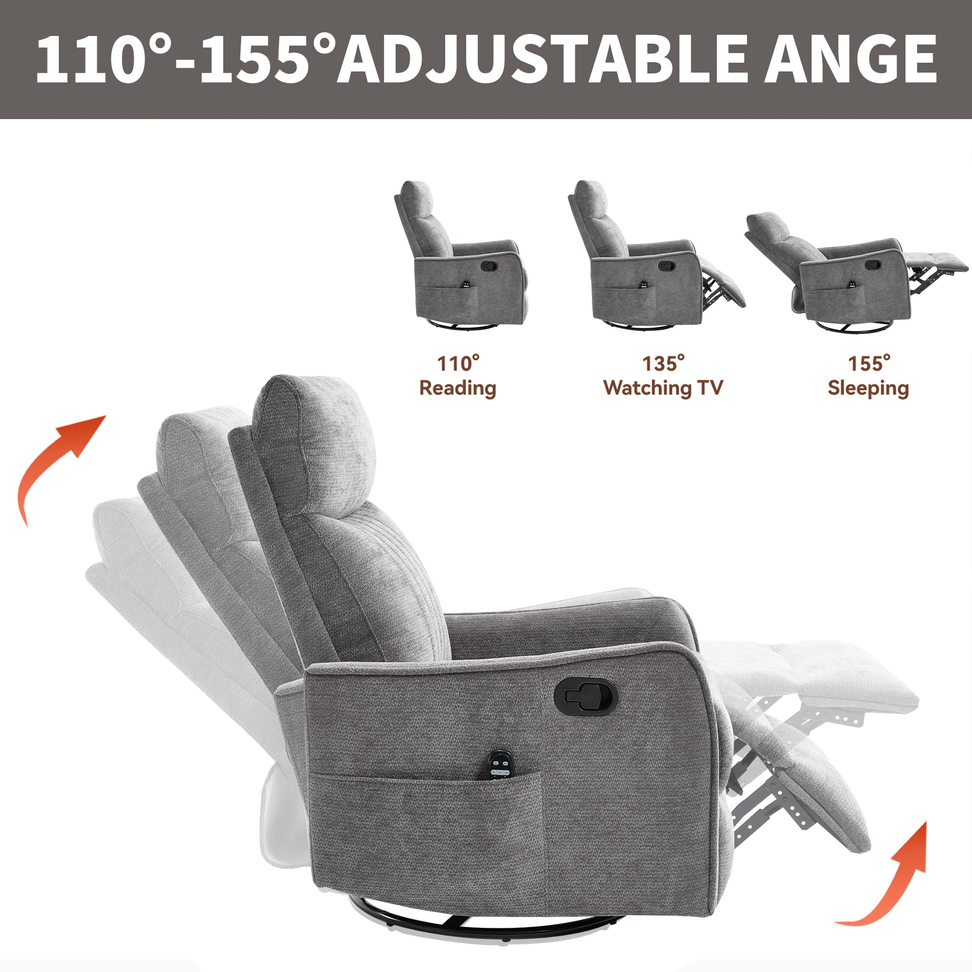 Gewnee 360° Swivel Rocking Recliner with Massage & Heat, Adjustable Reclining Angle, for Living Room & Office，Dark Gray