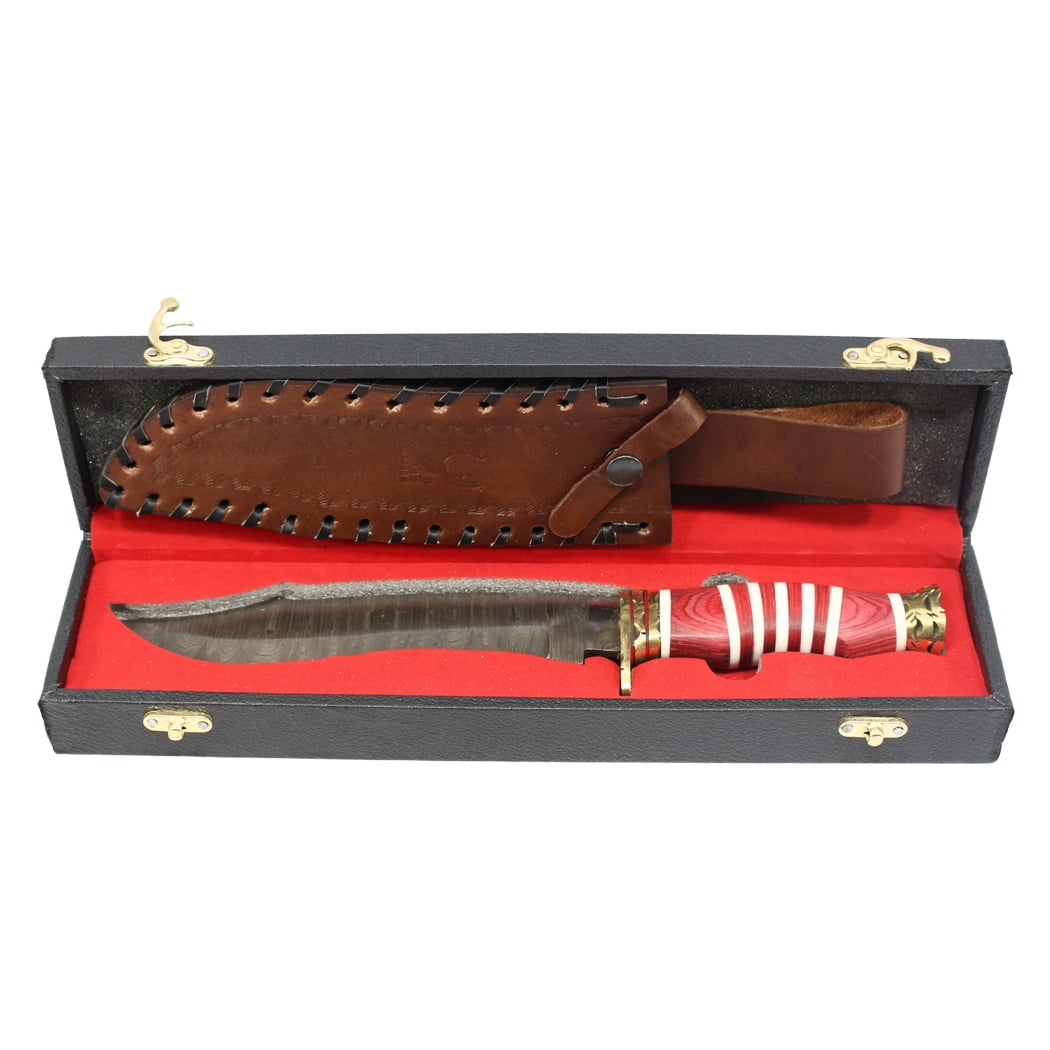 TheBoneEdge 13" Damascus Blade Hunting Knife White & Red Handle With Leather Sheath