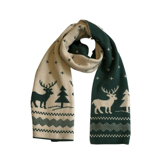 WREESH Women's Long Christmas Reindeer Double-Sided Print Warm Knitted Scarves Green