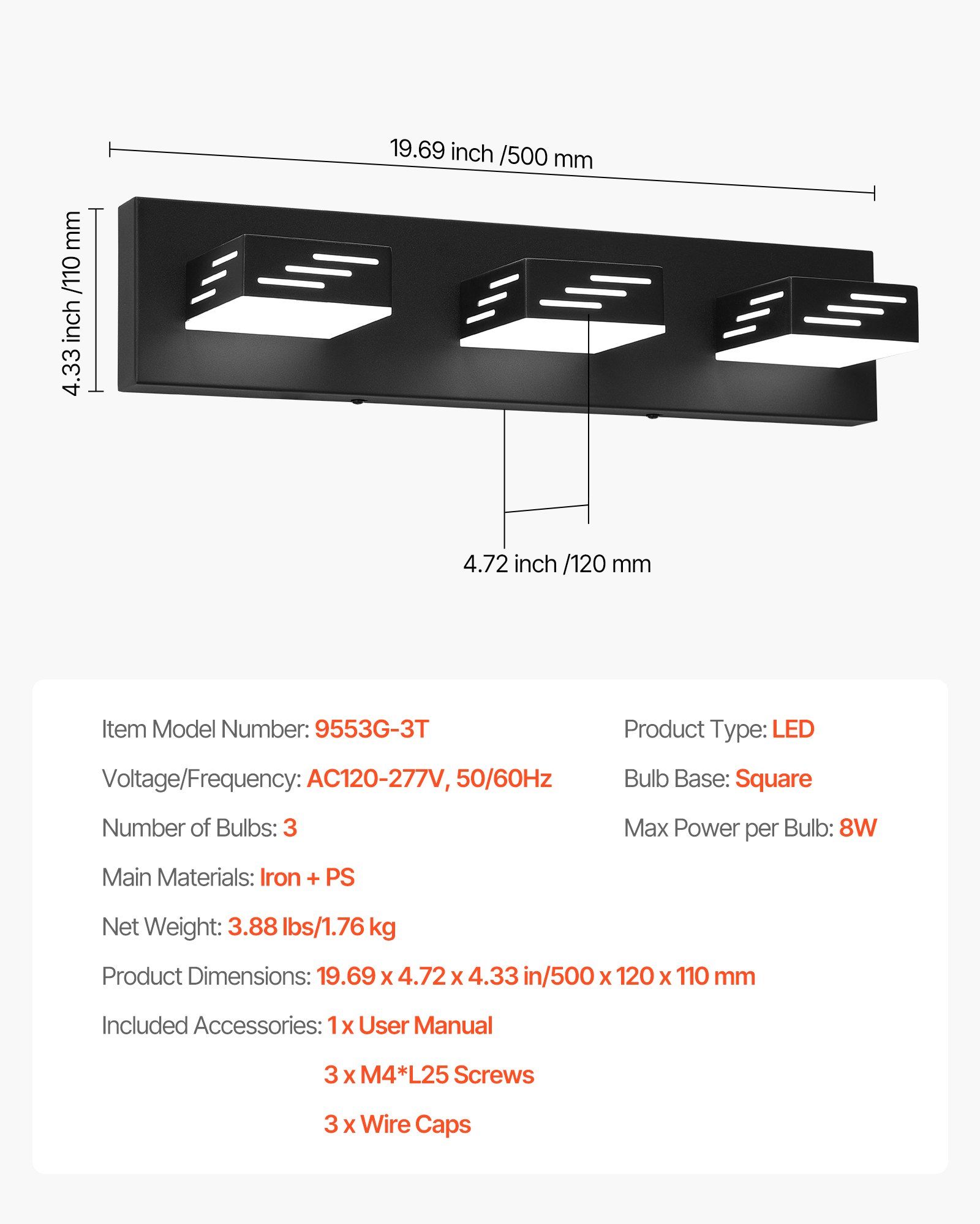 3-Light LED Modern Bathroom Vanity Light Fixtures 19.69-Inch Wall Mount, 24W High Brightness 360° Rotatable, IP44 Waterproof and Dustproof, Energy-Efficient LED for Makeup, Bathroom, Bedroom, Kitchen