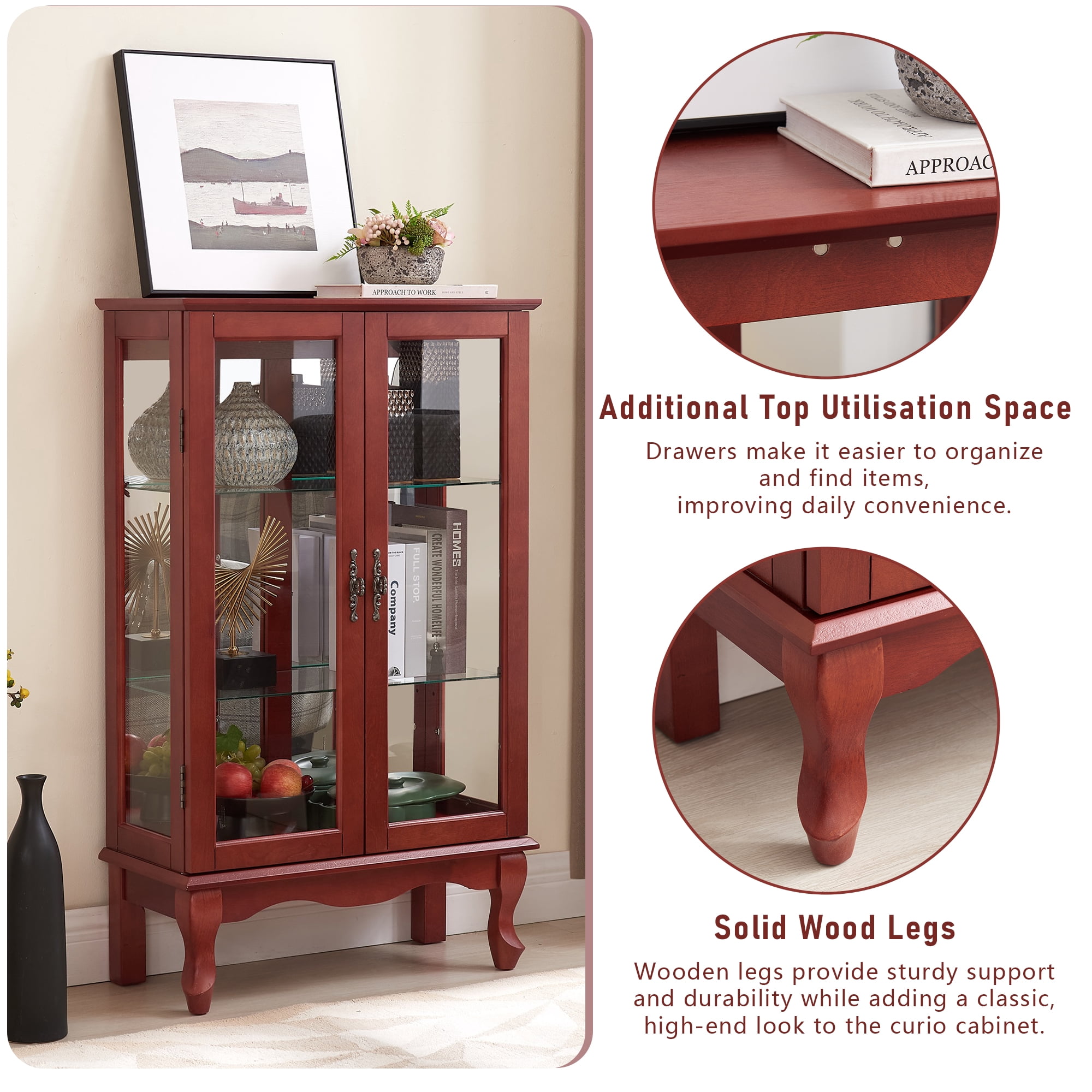 Miniyam Curio Display Cabinet with Light, Tempered Glass Doors, Adjustable Shelves, Cheery