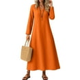thumbnail image 2 of UoCefik Linen Dress for Women Fashion Long Sleeve V Neck Maxi Long Dresses Work Fall Flowy Dress Plus Size Casual Vacation Beach Sundress Orange L, 2 of 5