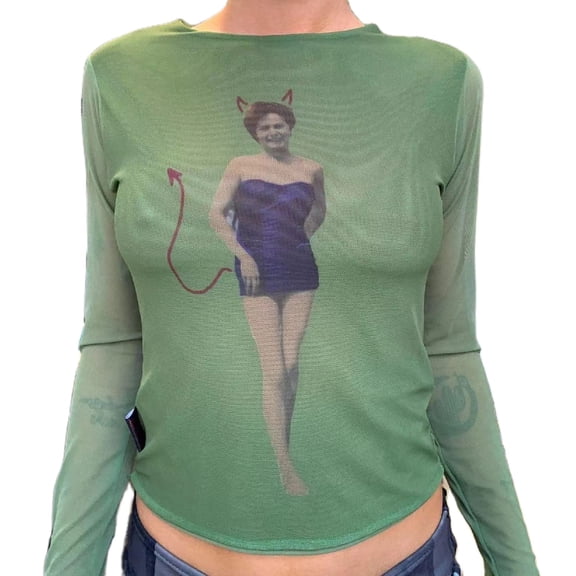 KOMOO Women Long Sleeve Mesh Tops Summer Autumn Printed Sheer Mesh Crop Top Slim T-Shirt Base Shirt