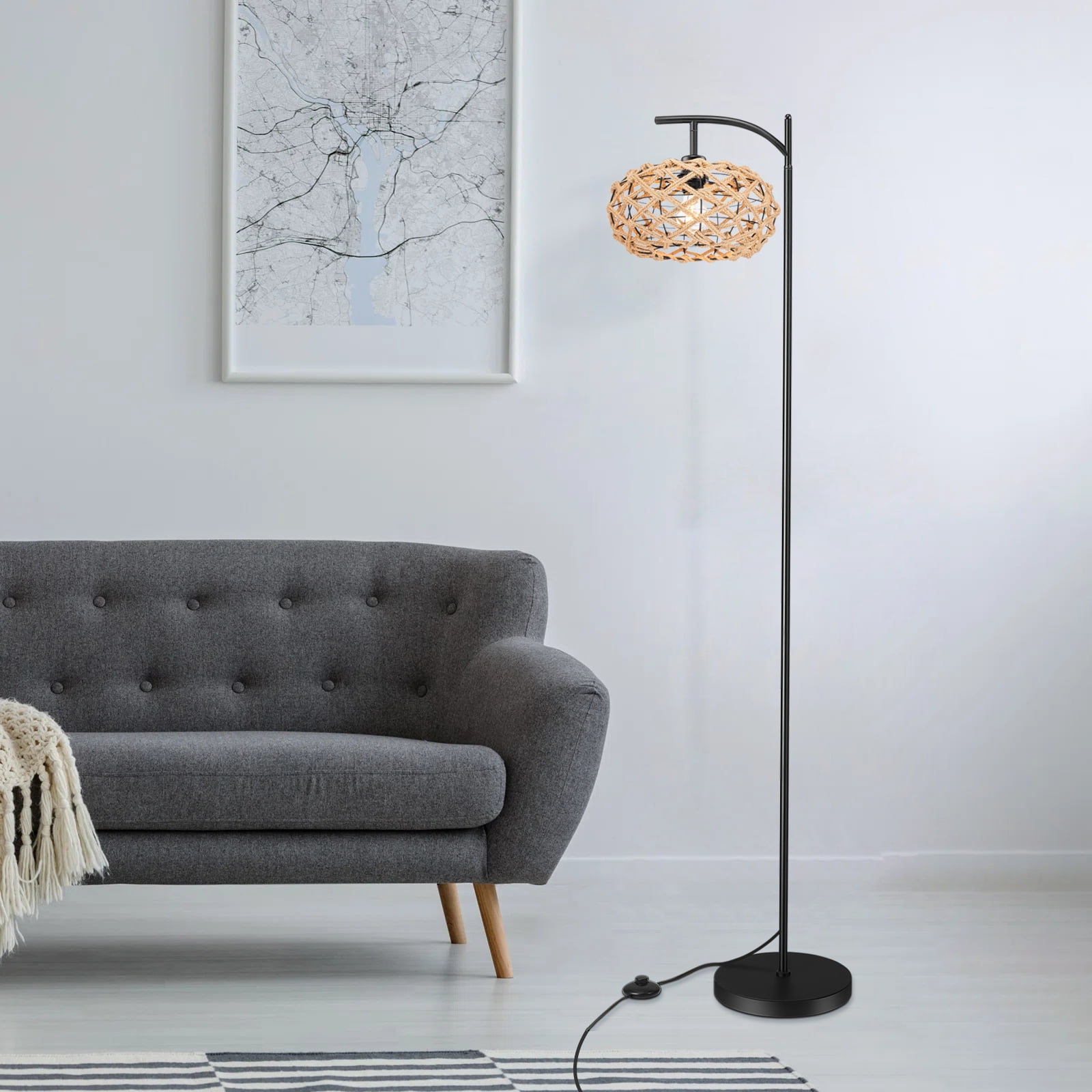 IC INSTANT COACH Boho Farmhouse Floor Lamp & Foot Switch - 4.9FT Rattan Standing Lamp for Living Room, Bedroom, Office - Modern Rustic Lighting with Easy Assembly