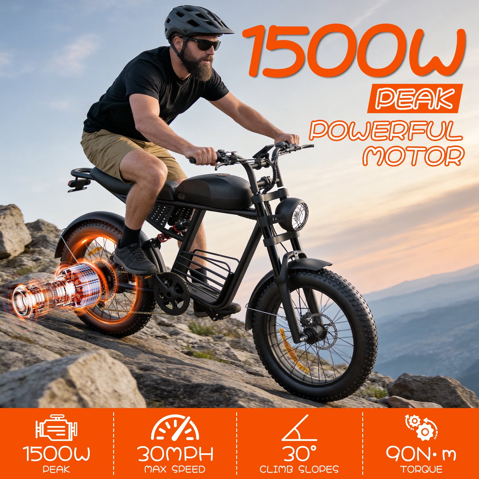 Electric Bike for Adults,750W Motor 1000W Peak,Top Speed 30MPH, Max 55miles,20"×4.0" Fat Tires,48V 15.6Ah Battery,UL 2849,Fit for 18+