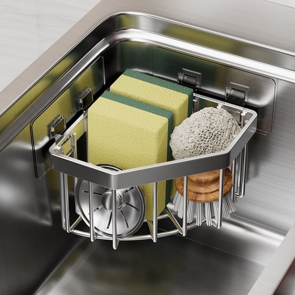 Stainless Steel Sink Corner Caddy, No Drilling Sponge Holder for Kitchen Sink, Self Draining Sink Organizer, Sink Storage Rack for Cleaning Supplies