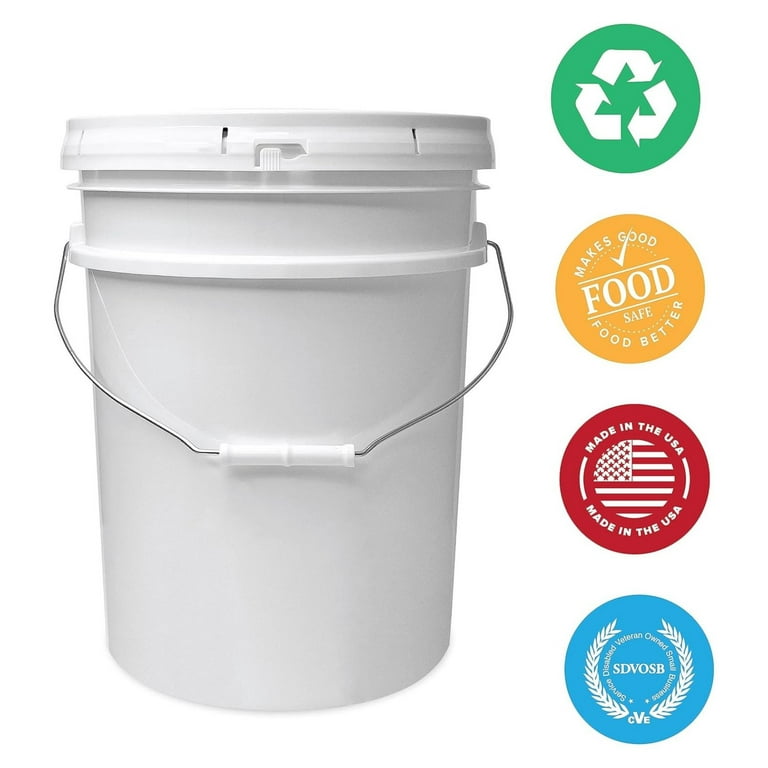 5 Gallon Bucket with Lids Food Grade Storage Premium HPDE Plastic BPA Durable 90 Mil All Purpose Pail Made in USA 5 Pack