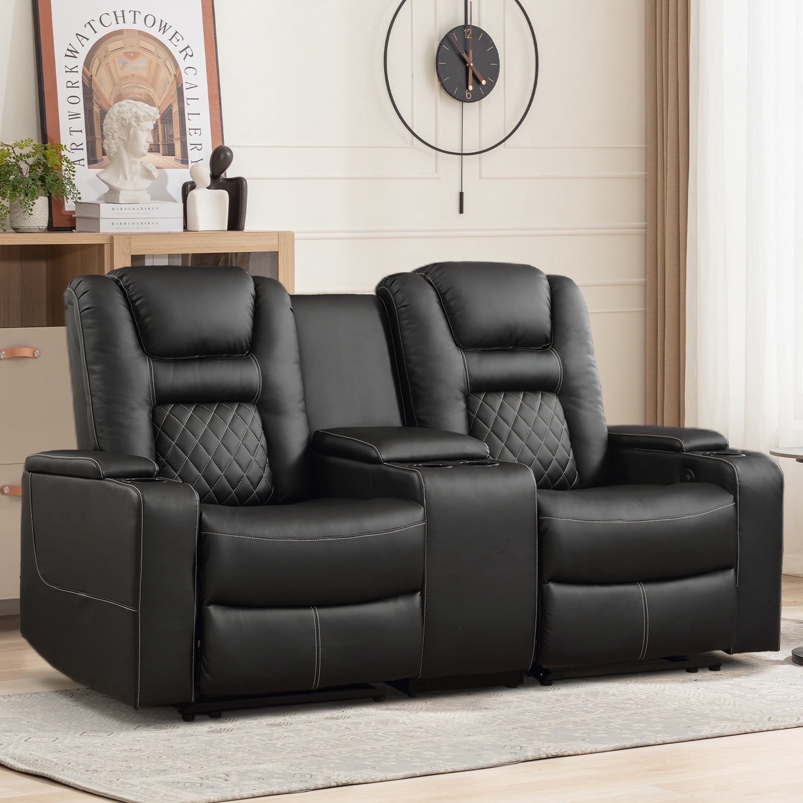 Bonzy Home Electric Power Recliner Loveseat with Console, 2-Seat Theater Seating Living Room Furniture Set, Cup Holders, Hidden Arm Storage, USB Charging Ports, Black