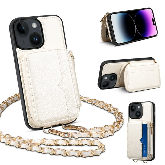 SaniMore Case for iPhone 14 6.1" 2022 with Metal Detachable Crossbody Lanyard Zipper Wallet Pocket Card Slots PU Leather Wear-resistant Shockproof Anti-fall Retro Girly Shell for iPhone 14, White
