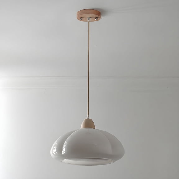 Litfad Retro Pumpkin White Glass Pendant Light Wood Base Hanging Fixture for Kitchen Island Dining Room