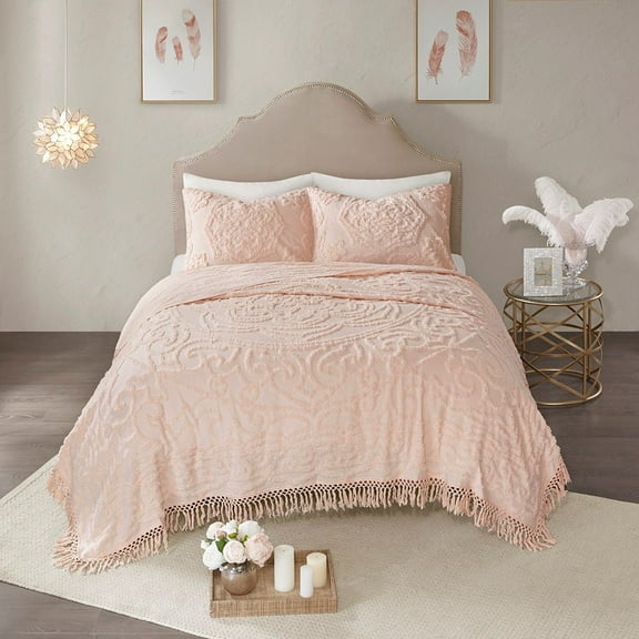 Tufted Cotton Chenille Medallion Fringe Coverlet Mini Set Blush King/Cal King