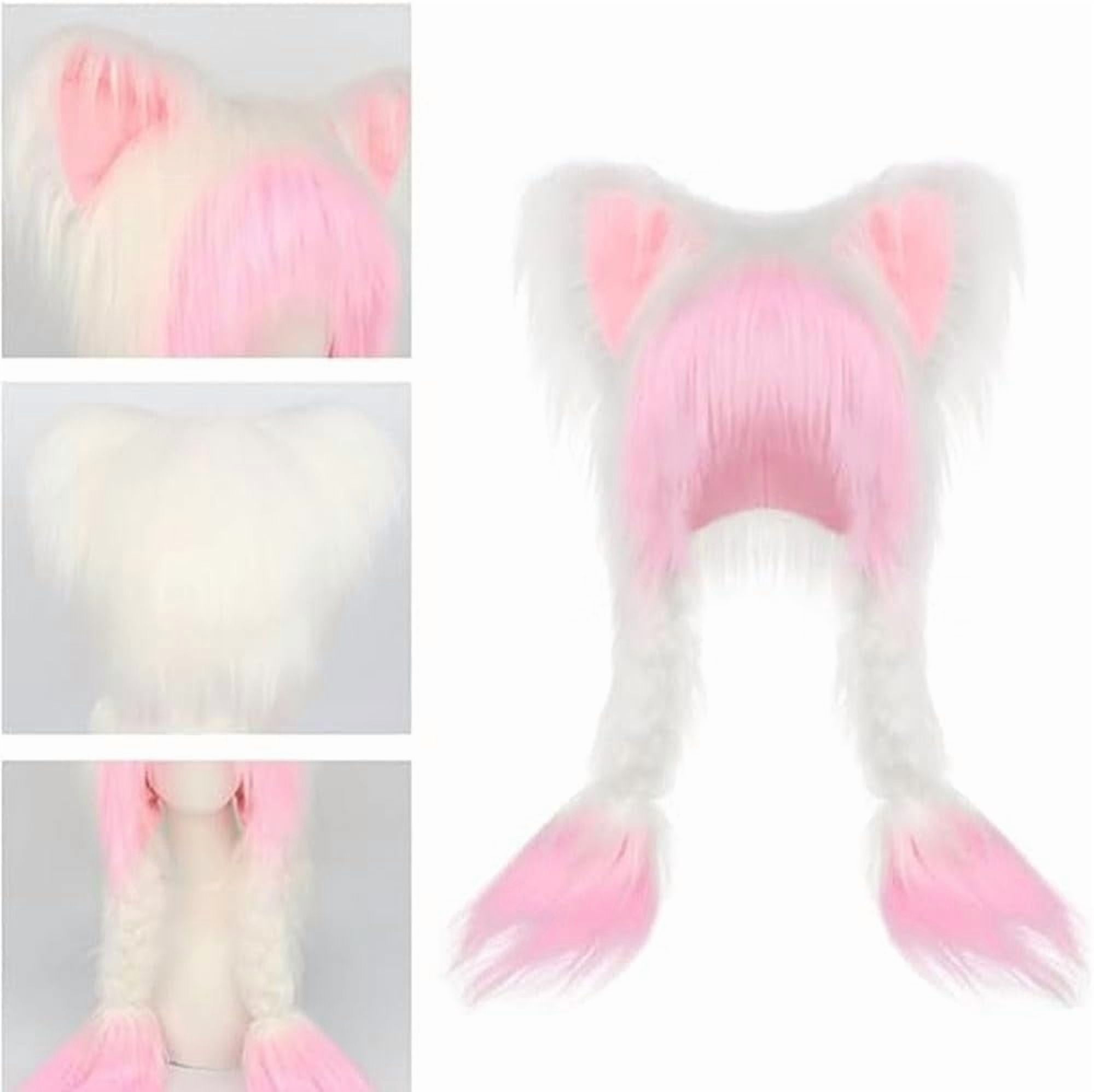 Soft Furry Animal Ear Hat with Braids,Furry Head Mask,Cute Animal Horns Ears Winter Hat,Hooded Red Black Fur Winter Warm Earmuffs Cat Shiesty,Cosplay Accessories,Great for Cosplay and (1,pcs,L)