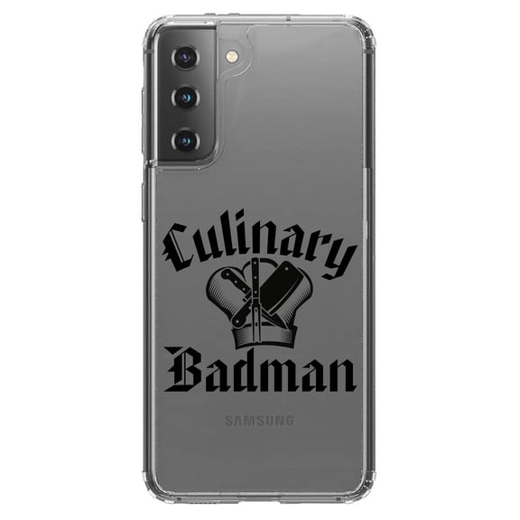 DistinctInk Clear Shockproof Hybrid Case for Galaxy S21 5G (6.2" Screen) - TPU Bumper Acrylic Back Tempered Glass Screen Protector - Culinary Badman