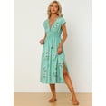 thumbnail image 4 of DARING DIVA Summer Flutter Short Sleeve Smocked Waist Floral Midi Dress XL Green, 4 of 6