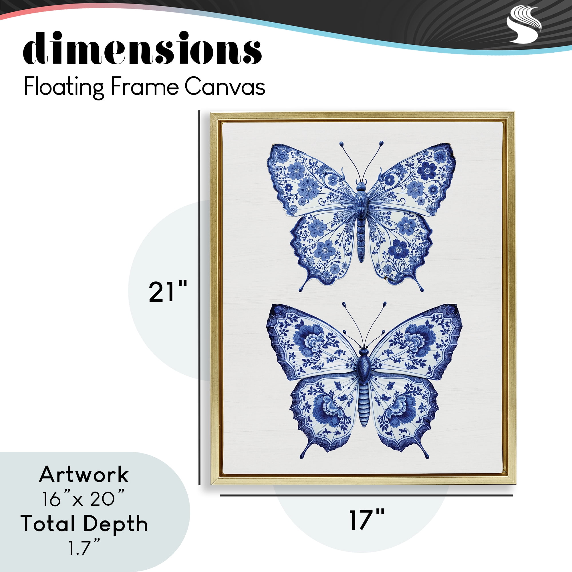 Ornate Toile Pattern Butterflies Gold Framed Floater Canvas Wall Art, design by Lettered and Lined