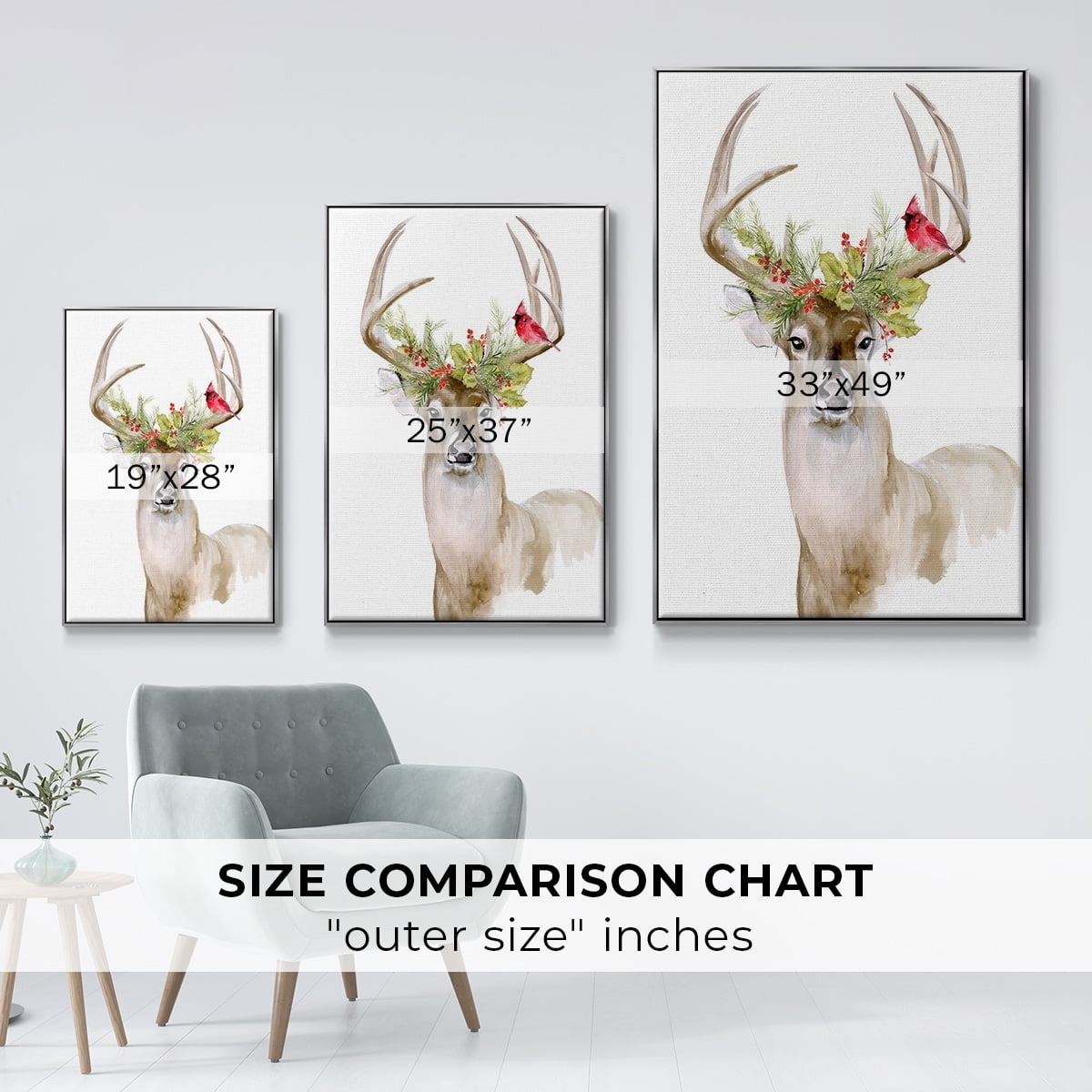 Holiday Deer I - Framed Gallery Wrapped Holiday Canvas - 25 x 37 - Silver Frame