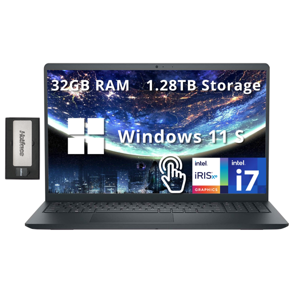 Dell Inspiron 15 3520 15.6" FHD Touch Laptop, Intel i7-1255U, 32GB RAM, 1.28TB Storage(1TB SSD+ 288GB Docking Station Set), Intel Iris Xe Graphics, Numeric Keypad, HD Webcam, Wi-Fi, Black, Win 11 S