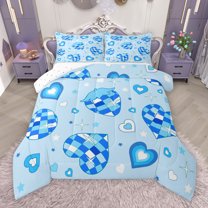 Manfei Plaid Love Heart Queen Comforter Set, Blue Cartoon Strawberry Bedding Sets, Teens Kids Boys Girls Reversible Bedding Comforter Set, Lightweight Room Decor, 3 Pieces