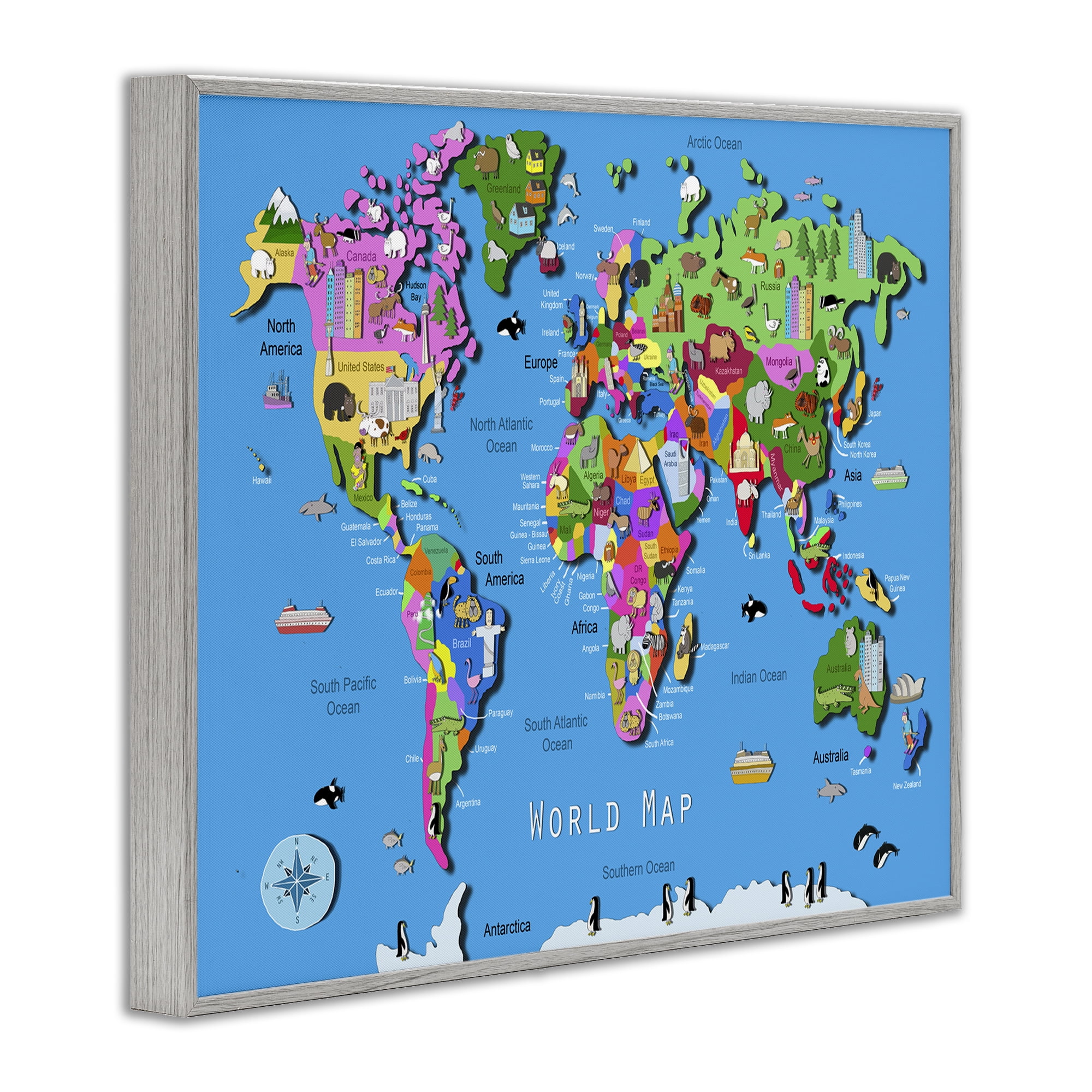 Stupell Industries Educational World Map Travel & Places Painting Gray Framed Art Print Wall Art, 30 x 24