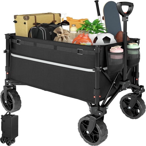Collapsible Wagon Cart with Wheels Foldable - Folding Utility Heavy Duty Wagons Carts for Grocery Sports Garden Shopping Camping Wheelbarrows (Black, 90L)