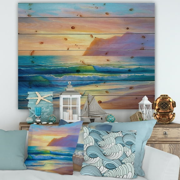 Designart 'Sunrise Glow On The Sea Waves IV' Nautical & Coastal Print on Natural Pine Wood
