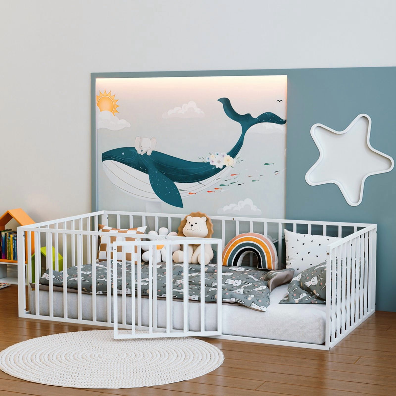 avobird Twin Size Montessori Floor Bed for Kids with Fence & Door, Heavy-Duty Metal Frame, Low-Profile Guardrails, Safe Play-Sleep Zone, No Box Spring Needed, White
