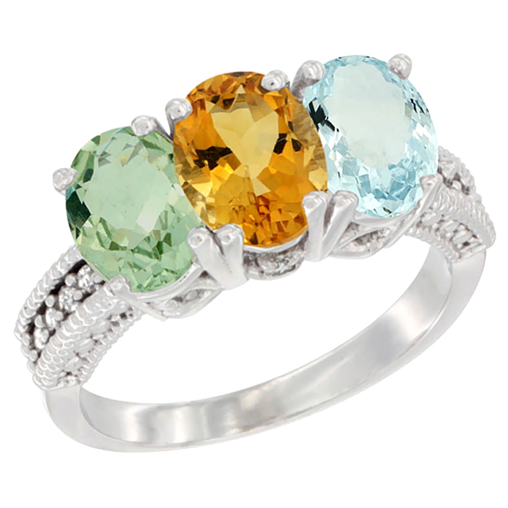 10K White Gold Natural Green Amethyst, Citrine & Aquamarine Ring 3-Stone Oval 7x5 mm Diamond Accent, sizes 5 10 by WorldJewels