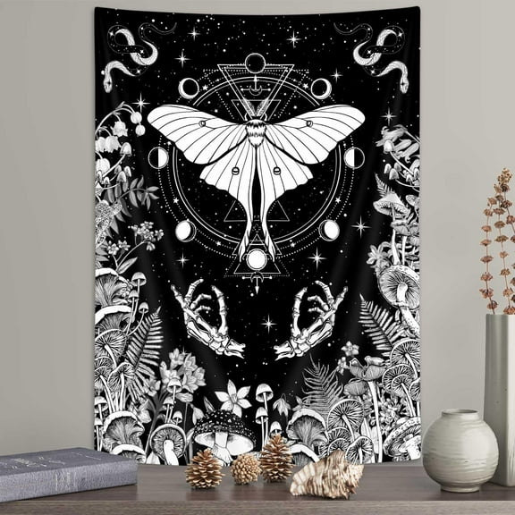 Boho Black White Mushroom Butterfly Wall Tapestry for Bedroom, Flower and Luna Tapestry Starry Sky Tapestry,Aesthetic Vintage Tapestries Wall Hanging for Living Room and Dorm, 60X40IN