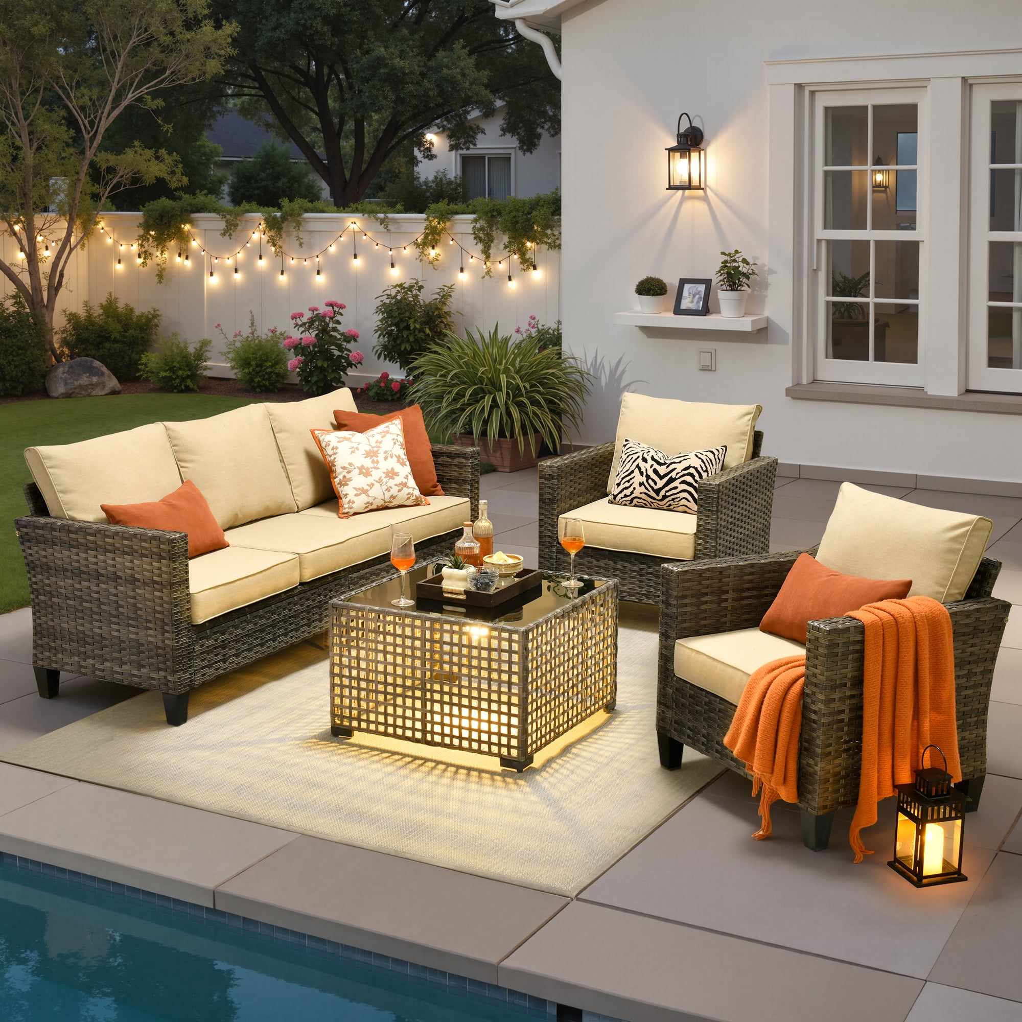 Ovios 4 Pieces Outdoor Patio Furniture Set with Lighted Coffee Table All-Weather Wicker Rattan Conversation Sofa Set, Gray