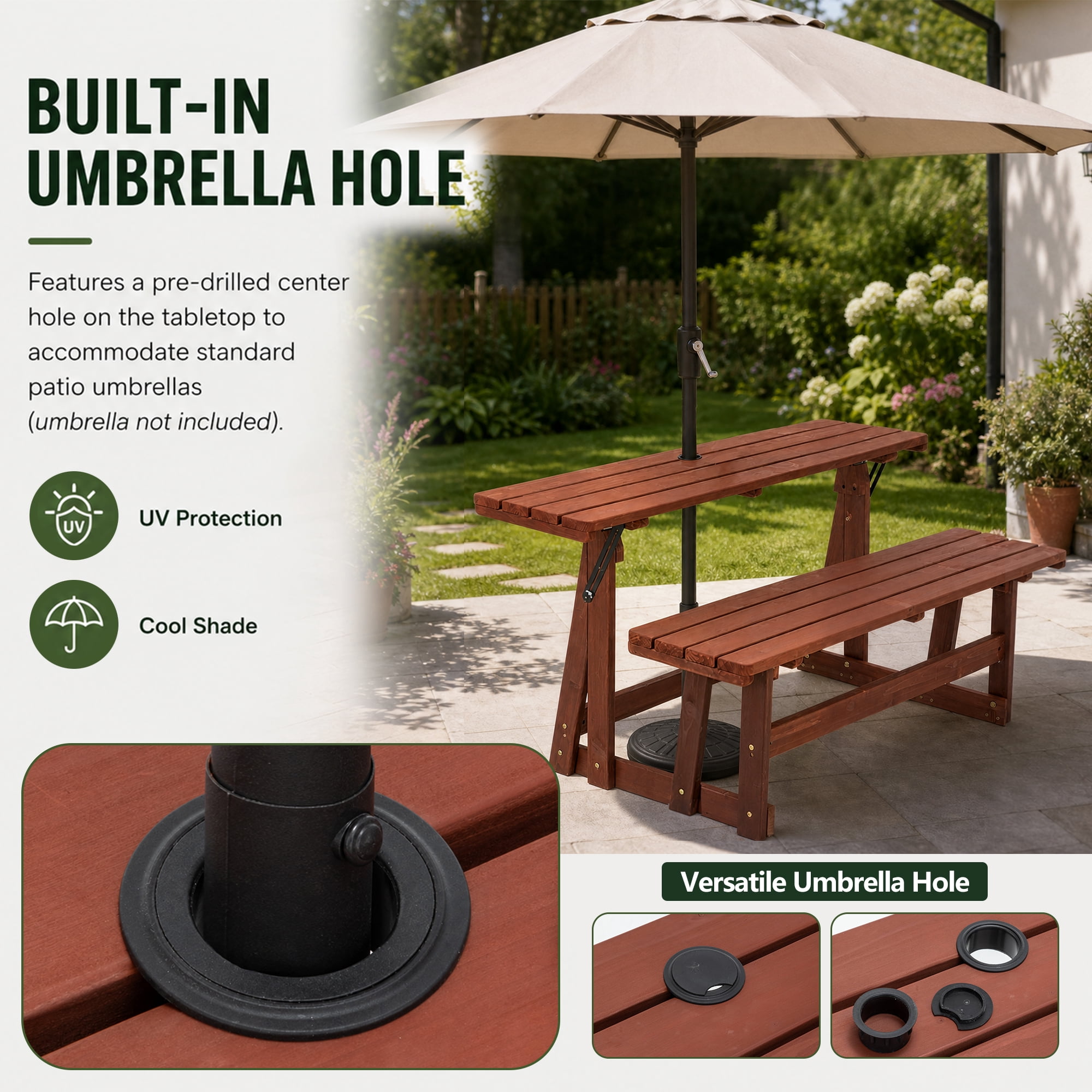 2-in-1 Convertible Bench Picnic Table, Outdoor Folding Dining Set with Backrest & Umbrella Hole, Solid Wood Waterproof & UV Resistant, For Backyard, Patio, Garden, Park Walkway