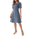 thumbnail image 4 of INSPIRE CHIC Women's Denim Dress Puff Short Sleeve Lapel Collar Button Down  Midi Dress M Grey Blue, 4 of 6