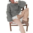 thumbnail image 3 of Womens Sweaters Fall Cable Knit Long Sleeve Crewneck Oversized Sweater Chunky Pullover Loose Outfits Grey M, 3 of 9